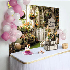 Lofaris Happy Easter Spring Garden Backdrop with White Picket Fence Colorful Flowers and Cute Bunnies Photo Background