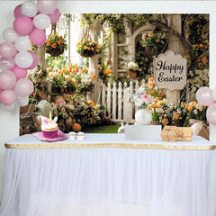 Lofaris Happy Easter Spring Garden Backdrop with White Picket Fence Colorful Flowers and Cute Bunnies Photo Background