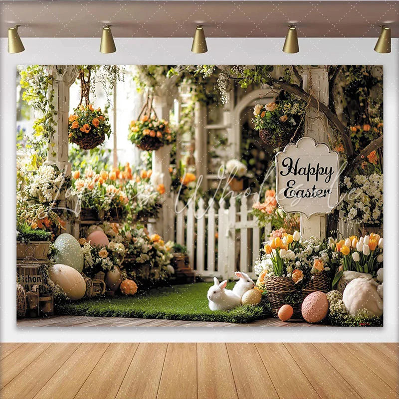 Lofaris Happy Easter Spring Garden Backdrop with White Picket Fence Colorful Flowers and Cute Bunnies Photo Background