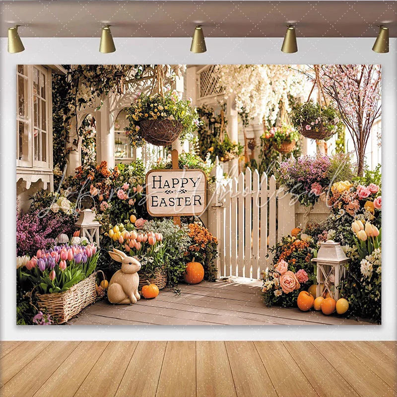 Lofaris Happy Easter Spring Porch Backdrop with Colorful Flowers Bunny and Picket Fence Festive Holiday Background for Photoshoot