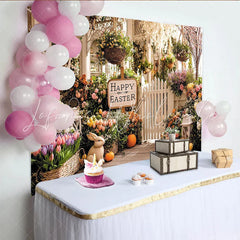 Lofaris Happy Easter Spring Porch Backdrop with Colorful Flowers Bunny and Picket Fence Festive Holiday Background for Photoshoot