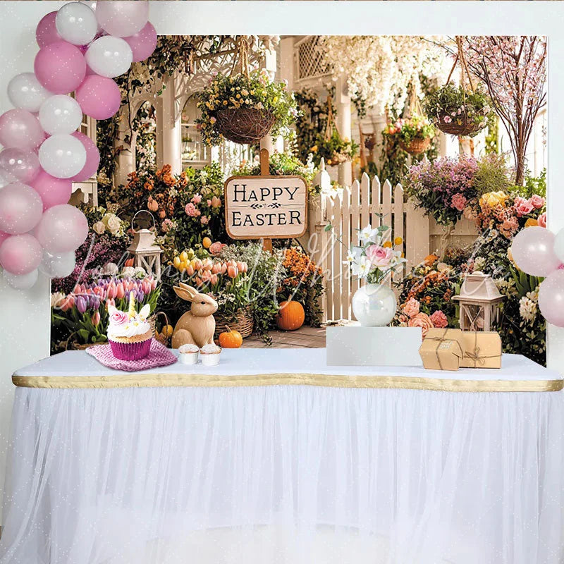 Lofaris Happy Easter Spring Porch Backdrop with Colorful Flowers Bunny and Picket Fence Festive Holiday Background for Photoshoot
