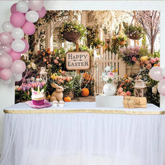 Lofaris Happy Easter Spring Porch Backdrop with Colorful Flowers Bunny and Picket Fence Festive Holiday Background for Photoshoot