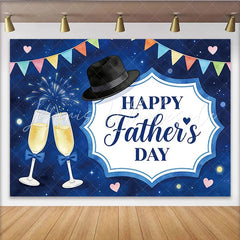 Lofaris Happy Father’s Day Backdrop with Blue Night Sky Fedora Hat and Champagne Flutes Festive Party Background Decor