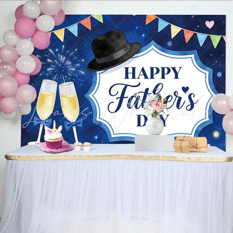 Lofaris Happy Father’s Day Backdrop with Blue Night Sky Fedora Hat and Champagne Flutes Festive Party Background Decor