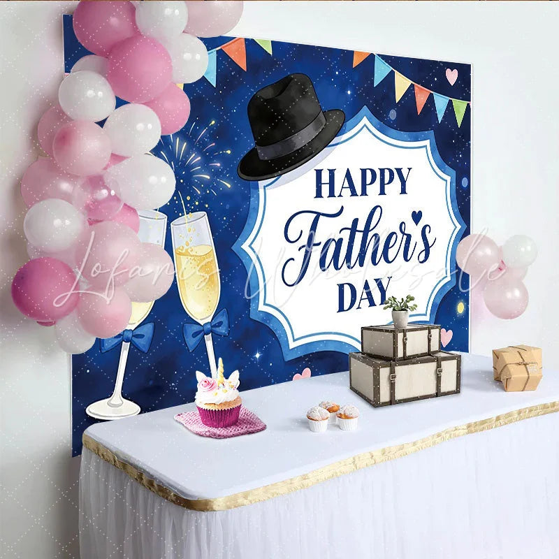 Lofaris Happy Father’s Day Backdrop with Blue Night Sky Fedora Hat and Champagne Flutes Festive Party Background Decor