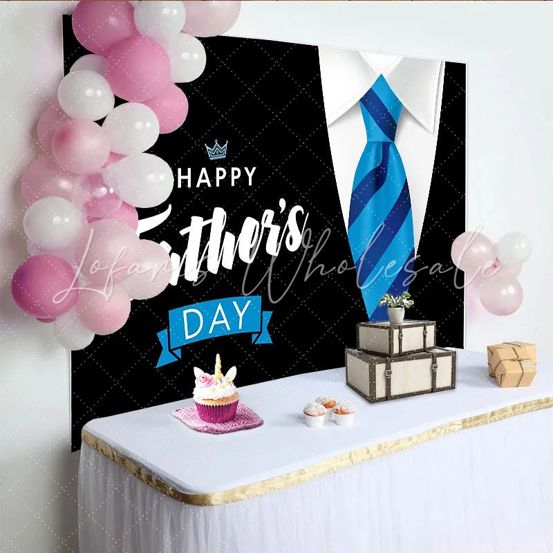 Lofaris Happy Father’s Day Backdrop with Blue Striped Tie and White Shirt Collar Elegant Photography Background for Celebration