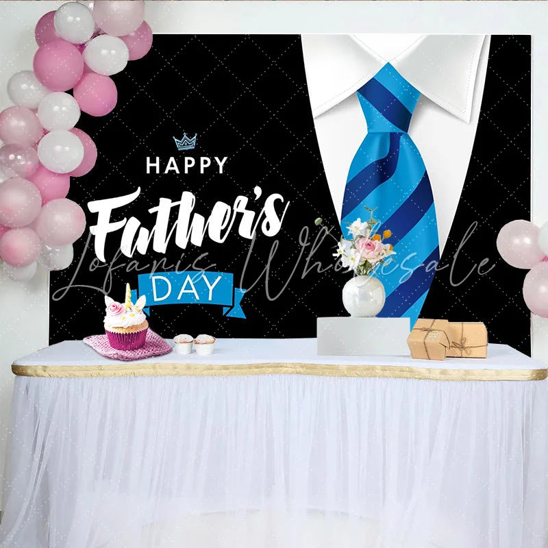 Lofaris Happy Father’s Day Backdrop with Blue Striped Tie and White Shirt Collar Elegant Photography Background for Celebration