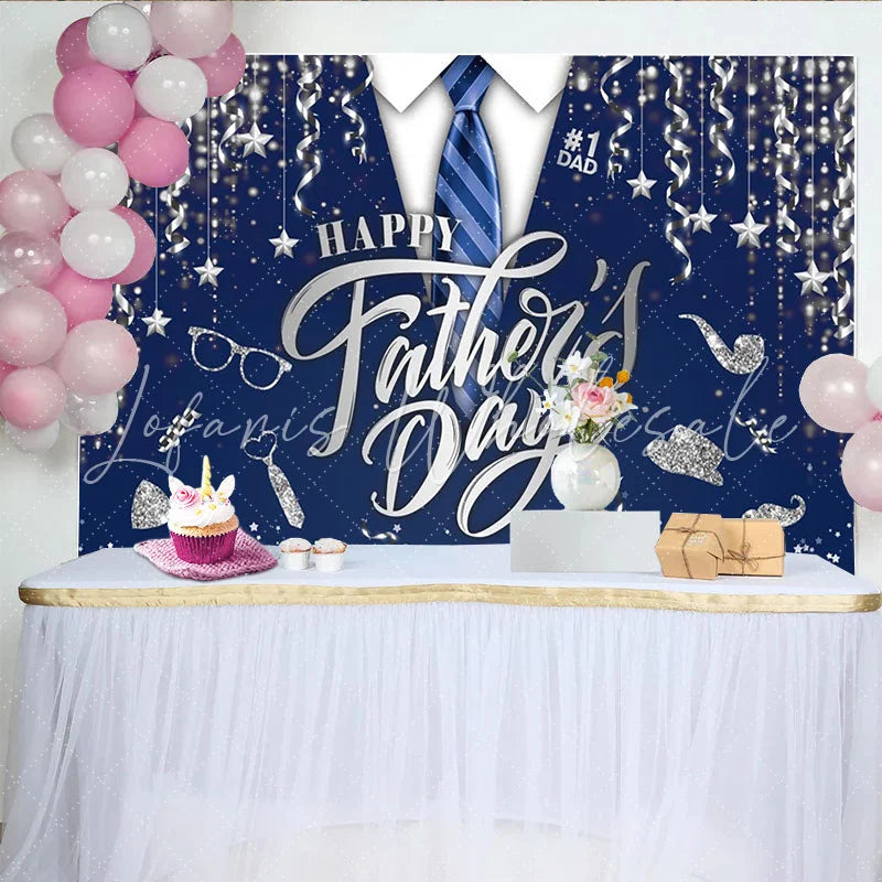 Lofaris Happy Father’s Day Backdrop with Blue Tie and Silver Glitter Elegant Party Background for Dad Celebration