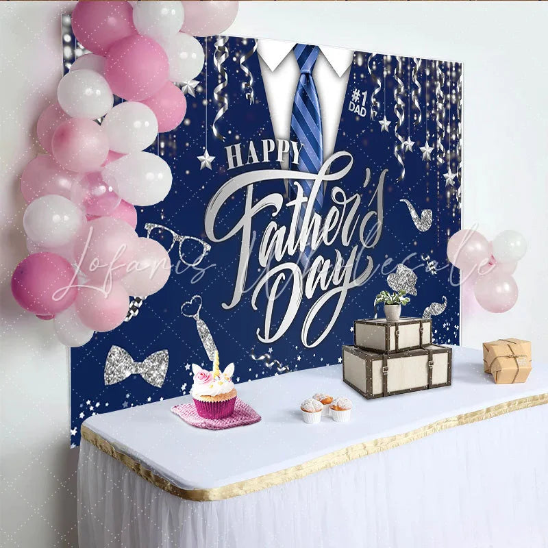 Lofaris Happy Father’s Day Backdrop with Blue Tie and Silver Glitter Elegant Party Background for Dad Celebration