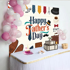 Lofaris Happy Father’s Day Backdrop with Tools Ties and Coffee on Rustic Wood Cartoon Style Party Decoration for Men