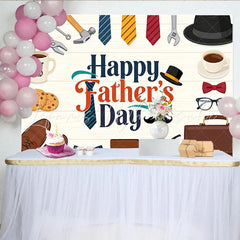 Lofaris Happy Father’s Day Backdrop with Tools Ties and Coffee on Rustic Wood Cartoon Style Party Decoration for Men