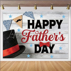 Lofaris Happy Father’s Day Backdrop with White Wood Top Hat and Bow Tie Elegant Mustache Banner Photography Background for Dad’s Party