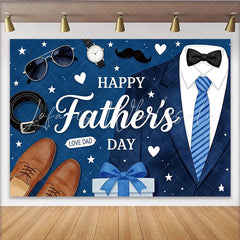 Lofaris Happy Fathers Day Backdrop with Blue Suit Striped Tie and Gift Box Elegant Party Decor for Dad’s Celebration and Studio Photography
