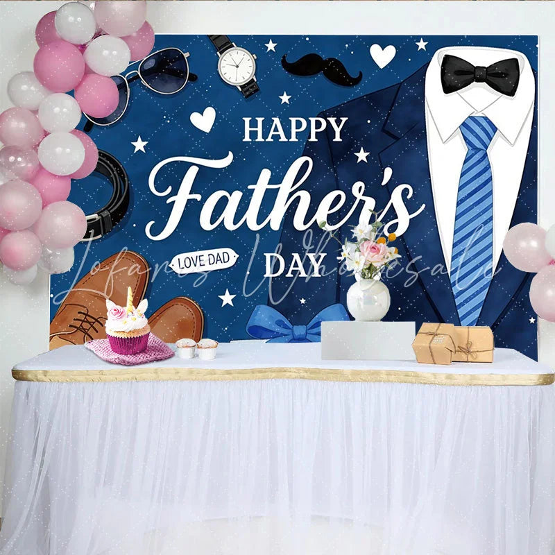 Lofaris Happy Fathers Day Backdrop with Blue Suit Striped Tie and Gift Box Elegant Party Decor for Dad’s Celebration and Studio Photography