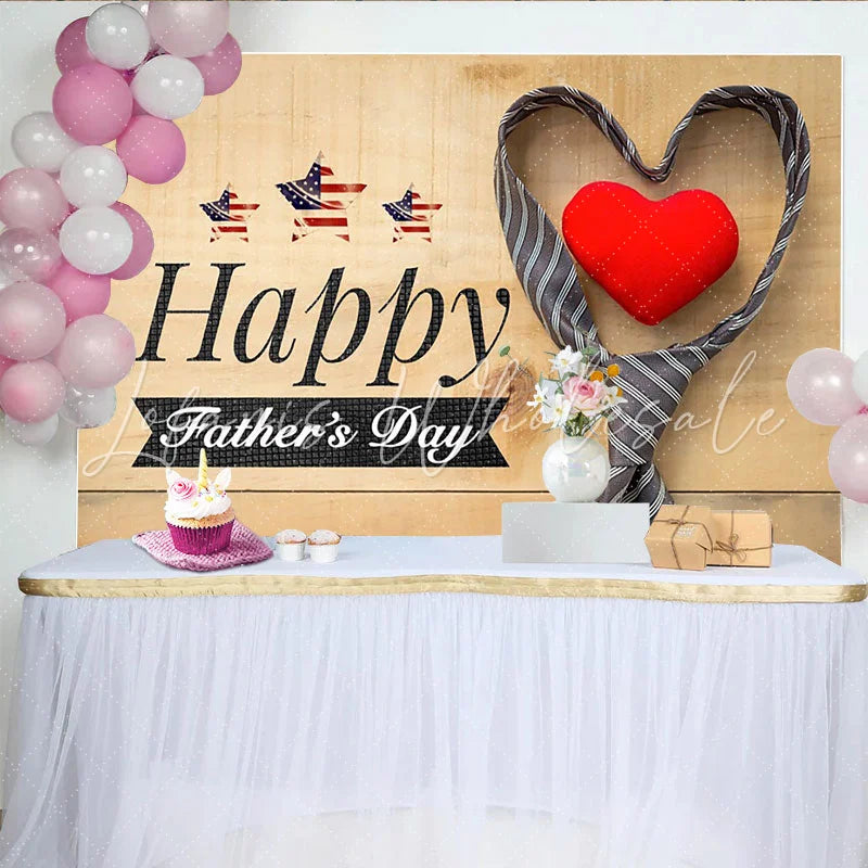 Lofaris Happy Fathers Day Backdrop with Rustic Wood American Flag Stars and Striped Tie Heart Photography Background