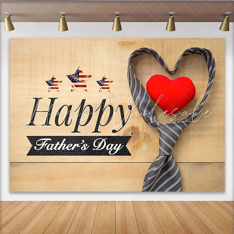 Lofaris Happy Fathers Day Backdrop with Rustic Wood American Flag Stars and Striped Tie Heart Photography Background