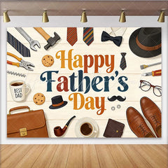 Lofaris Happy Fathers Day Backdrop with Ties Tools and Best Dad Coffee Wood Texture Background for Celebration Party Decor