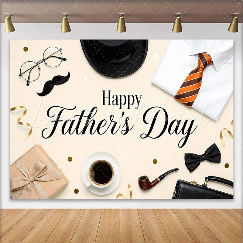 Lofaris Happy Fathers Day Backdrop with Top Hat Striped Tie and Gift Box Elegant Background for Celebration Party Decor
