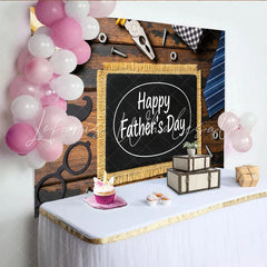 Lofaris Happy Fathers Day Photography Backdrop with Rustic Wood Tools and Tie Elegant Photo Booth Prop for Celebration Decor