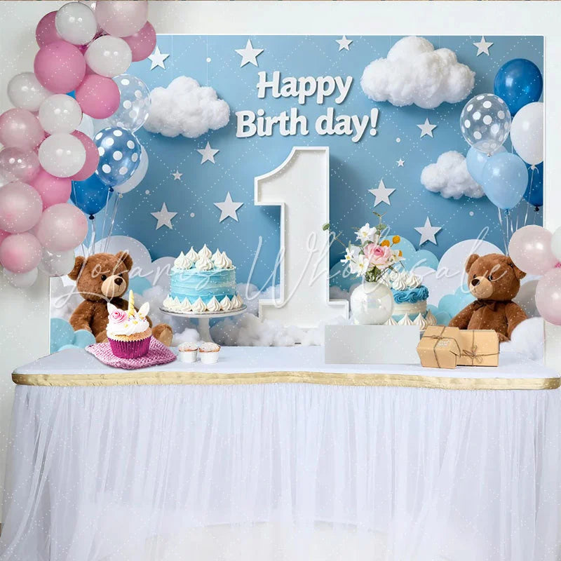 Lofaris Happy First Birthday Blue Sky Party Backdrop with Clouds Stars Balloons and Teddy Bears
