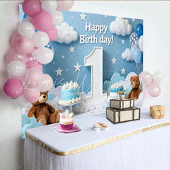 Lofaris Happy First Birthday Blue Sky Party Backdrop with Clouds Stars Balloons and Teddy Bears