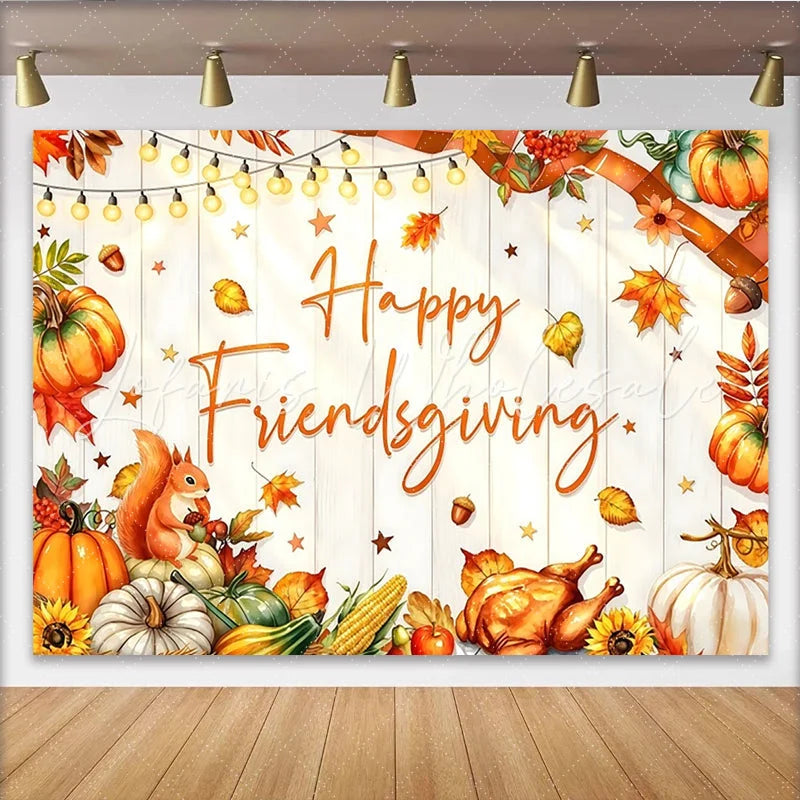 Lofaris Happy Friendsgiving Thanksgiving Backdrop with Autumn Leaves and Pumpkins Festive Harvest Party Decor for Dinner Celebration