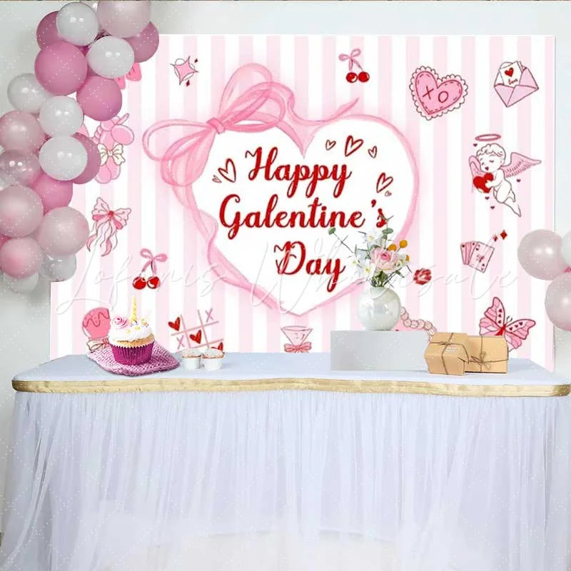 Lofaris Happy Galentine Day Backdrop Pink Striped Hearts and Cupid Party Decoration for Women