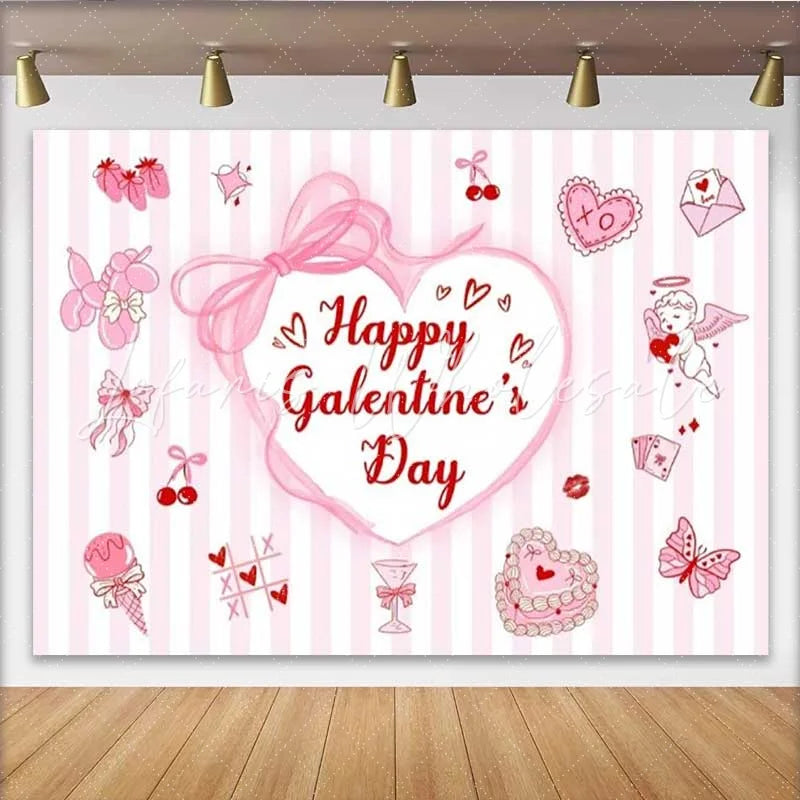 Lofaris Happy Galentine Day Backdrop Pink Striped Hearts and Cupid Party Decoration for Women
