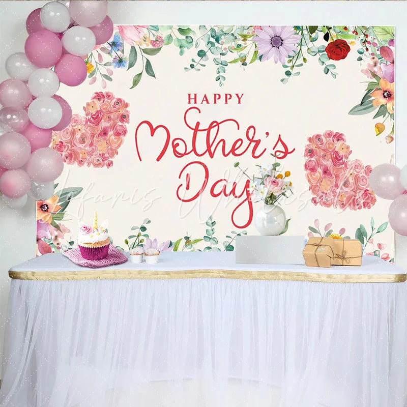 Lofaris Happy Mother’s Day Floral Photography Backdrop with Heart Roses and Greenery Elegant Party Decor for Mom Celebration
