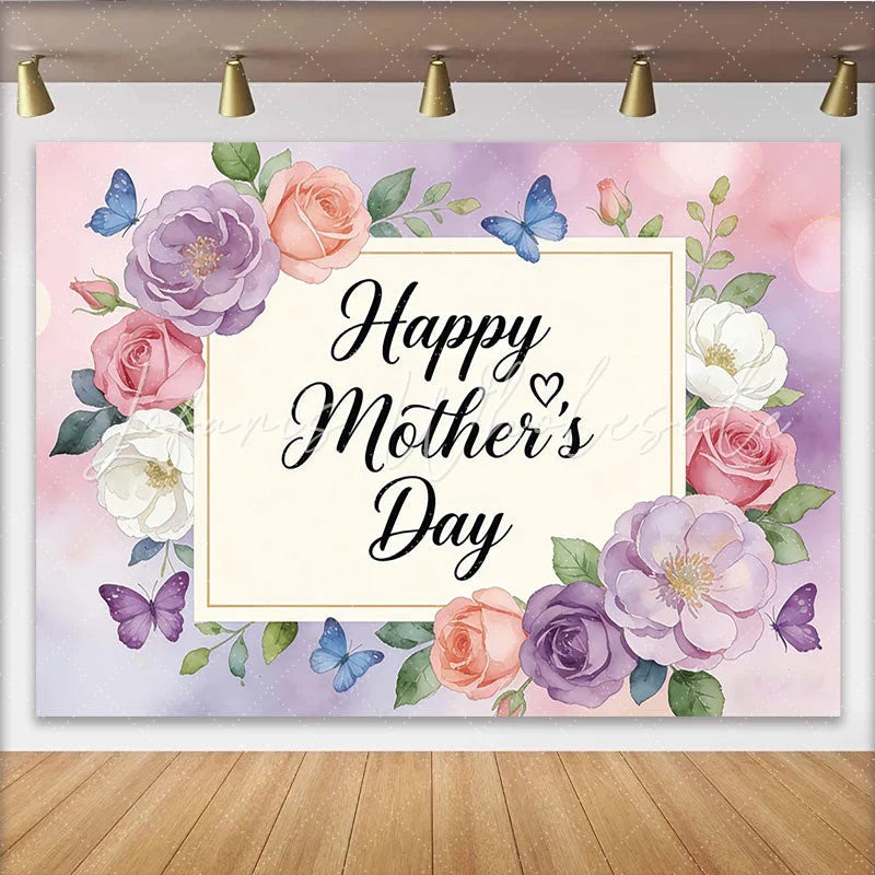 Lofaris Happy Mothers Day Backdrop with Watercolor Flowers and Butterflies Elegant Floral Background for Festive Celebration and Photoshoot