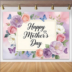 Lofaris Happy Mothers Day Backdrop with Watercolor Flowers and Butterflies Elegant Floral Background for Festive Celebration and Photoshoot