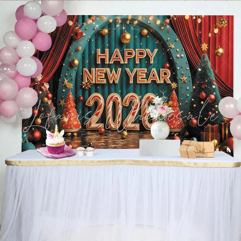 Lofaris Happy New Year 2026 Party Backdrop with Festive Christmas Trees Red Curtains and Golden Ornaments