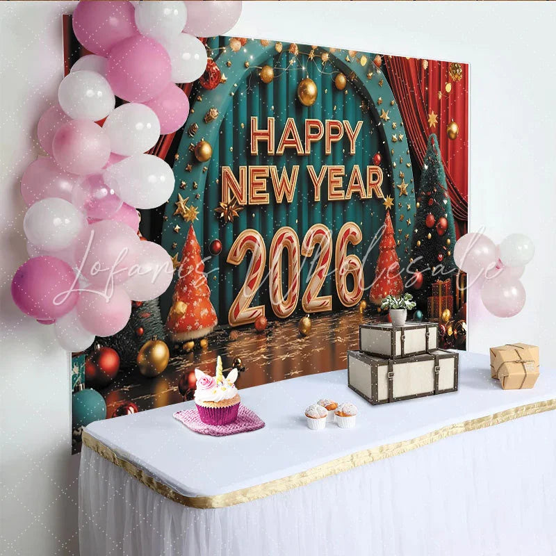 Lofaris Happy New Year 2026 Party Backdrop with Festive Christmas Trees Red Curtains and Golden Ornaments