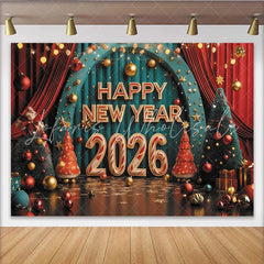 Lofaris Happy New Year 2026 Party Backdrop with Festive Christmas Trees Red Curtains and Golden Ornaments