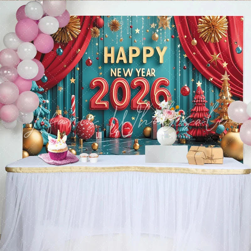 Lofaris Happy New Year 2026 Party Backdrop with Festive Red Teal and Gold Ornaments Christmas Trees and Holiday Decor