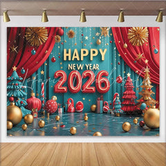 Lofaris Happy New Year 2026 Party Backdrop with Festive Red Teal and Gold Ornaments Christmas Trees and Holiday Decor