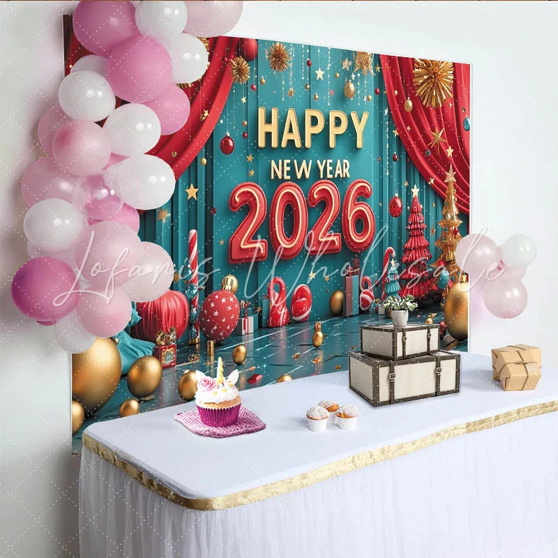 Lofaris Happy New Year 2026 Party Backdrop with Festive Red Teal and Gold Ornaments Christmas Trees and Holiday Decor