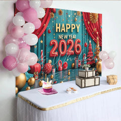Lofaris Happy New Year 2026 Party Backdrop with Festive Red Teal and Gold Ornaments Christmas Trees and Holiday Decor