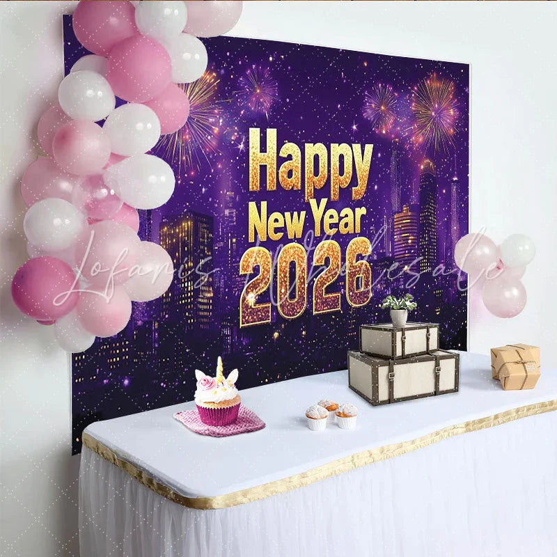Lofaris Happy New Year 2026 Party Backdrop with Glittering Gold Text City Skyline and Sparkling Light Displays