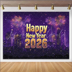 Lofaris Happy New Year 2026 Party Backdrop with Glittering Gold Text City Skyline and Sparkling Light Displays