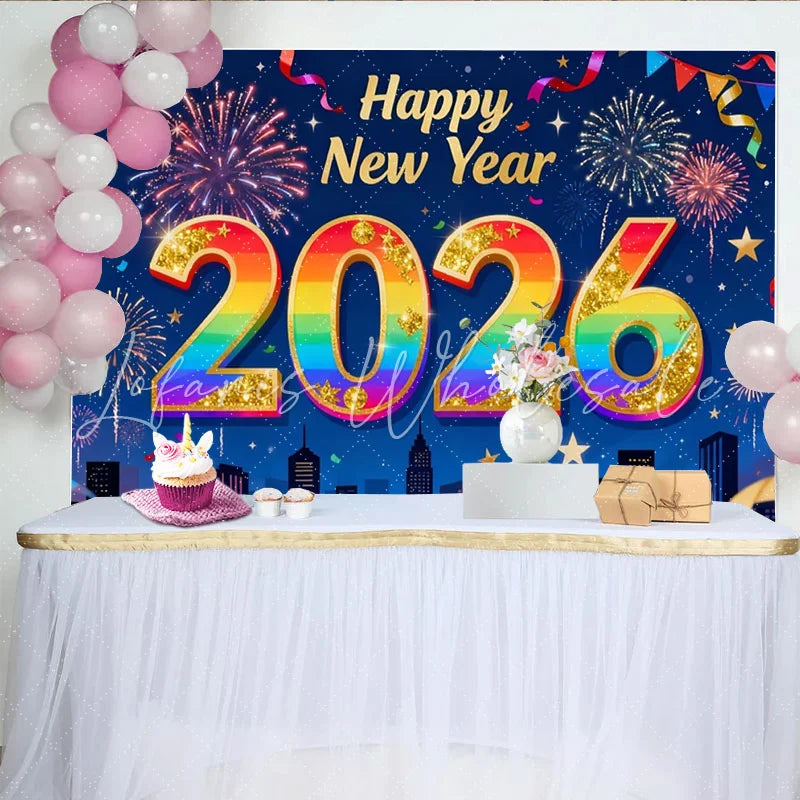Lofaris Happy New Year 2026 Rainbow Gold Glitter Party Backdrop Festive Fireworks City Celebration
