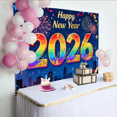 Lofaris Happy New Year 2026 Rainbow Gold Glitter Party Backdrop Festive Fireworks City Celebration