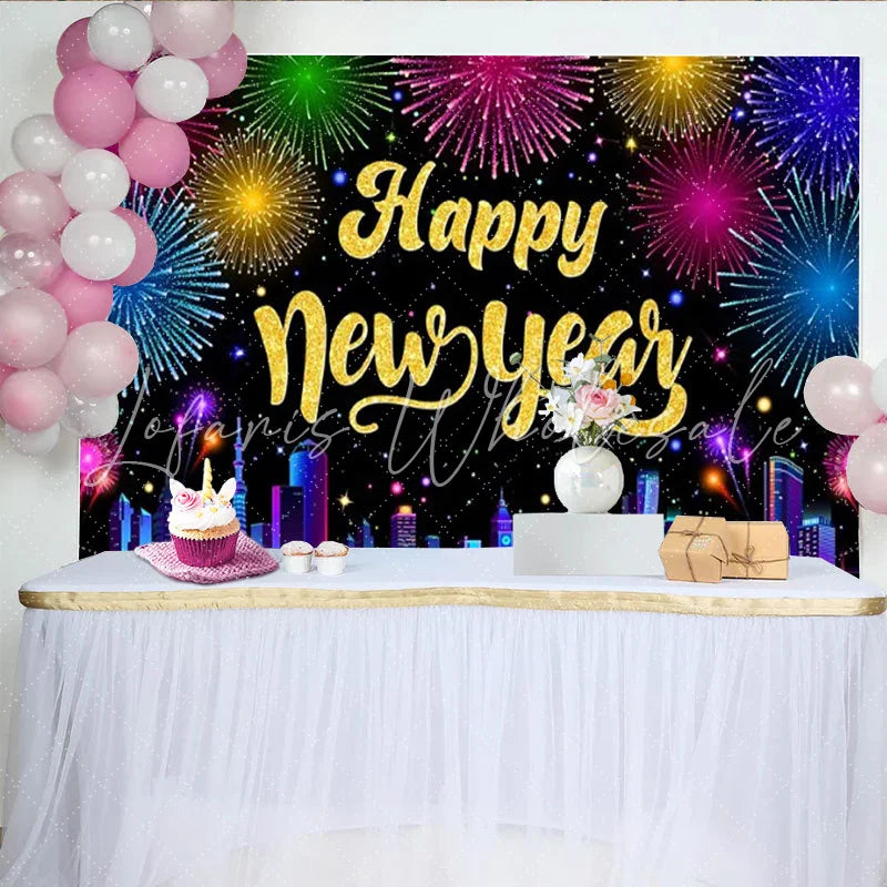 Lofaris Happy New Year Celebration Backdrop Colorful Night Sky Lights City Skyline Background New Year Eve Party Decoration