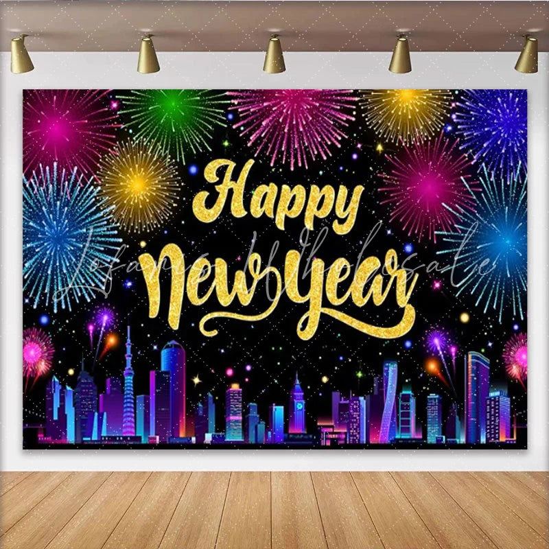 Lofaris Happy New Year Celebration Backdrop Colorful Night Sky Lights City Skyline Background New Year Eve Party Decoration