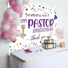 Lofaris Happy Pastor Appreciation Day Backdrop Colorful Confetti with Religious Icons for Church Party