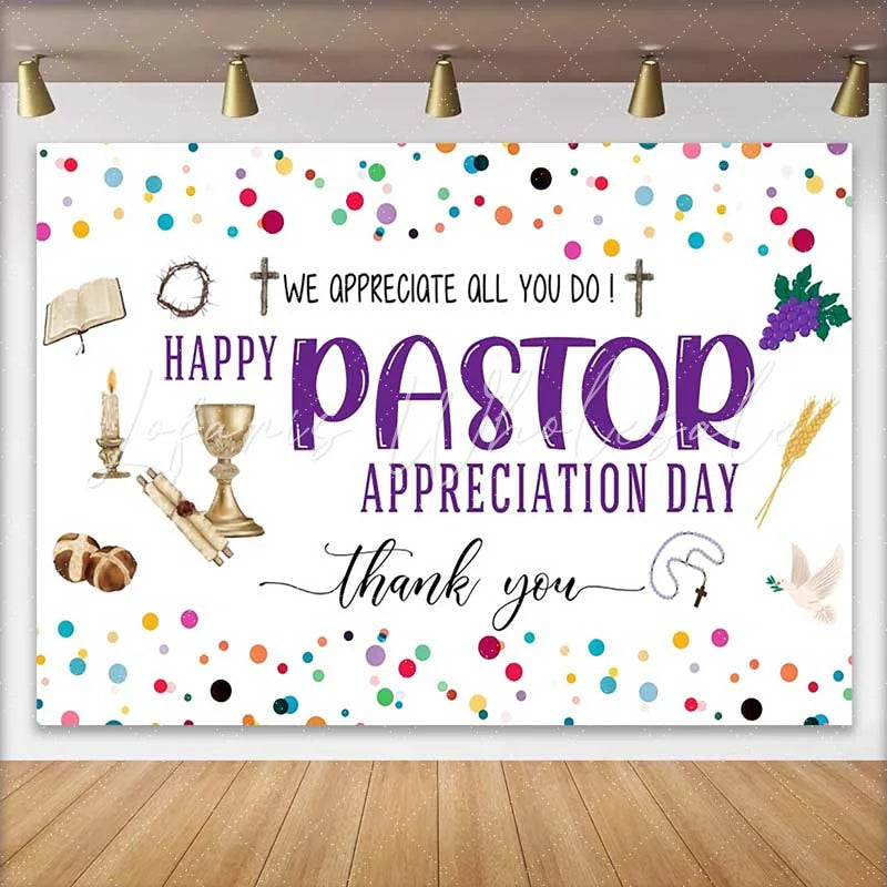 Lofaris Happy Pastor Appreciation Day Backdrop Colorful Confetti with Religious Icons for Church Party