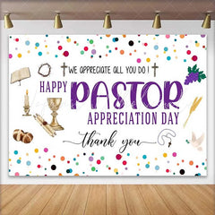 Lofaris Happy Pastor Appreciation Day Backdrop Colorful Confetti with Religious Icons for Church Party