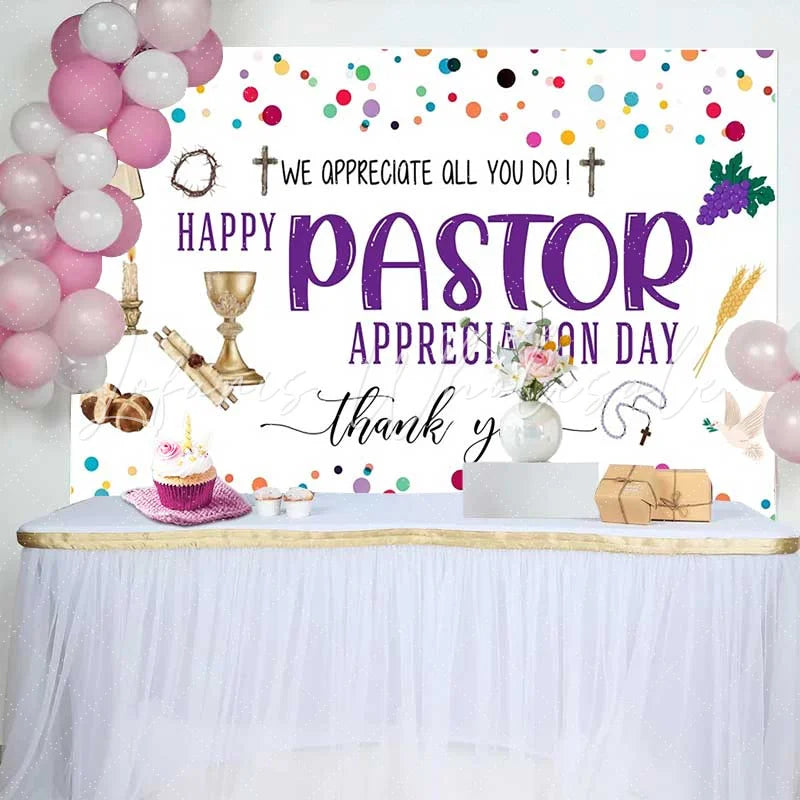Lofaris Happy Pastor Appreciation Day Backdrop Colorful Confetti with Religious Icons for Church Party