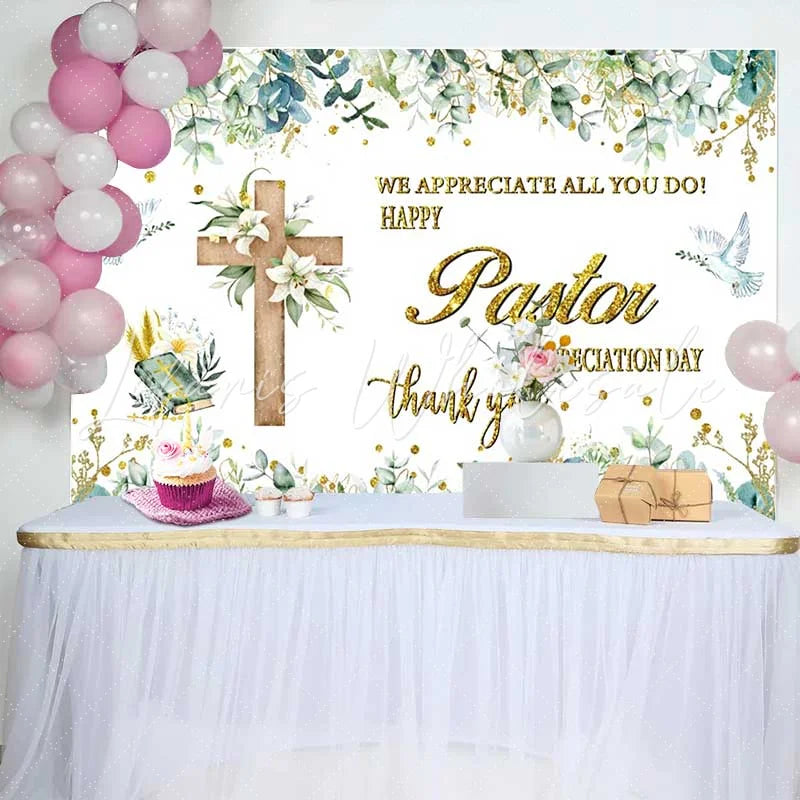 Lofaris Happy Pastor Appreciation Day Backdrop Wooden Cross with Lilies and Doves Church Decoration